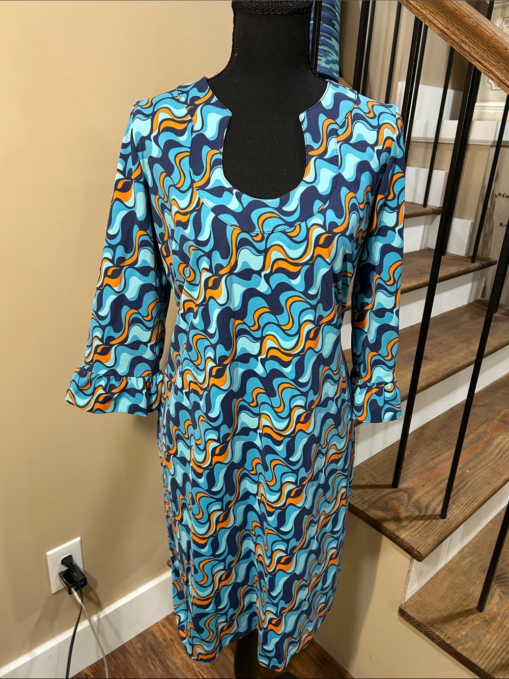 Katherine Way M Blue Teal Orange Swirl Print Dress